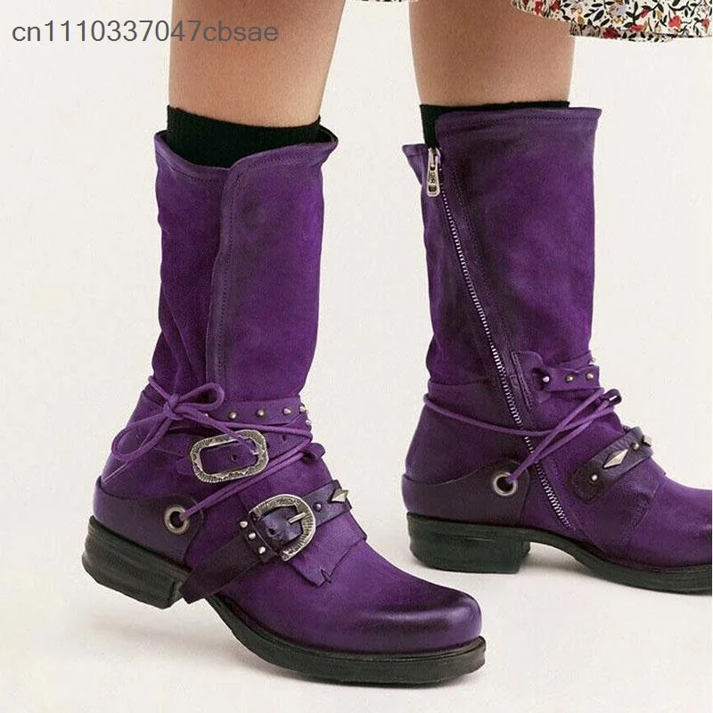 Trendy Ladies Punk Style Mid Calf Biker Boots Multi Vintage Metal Buckle Decor Shoes Side Zip Closure Low Block Heel Soft Boot 4