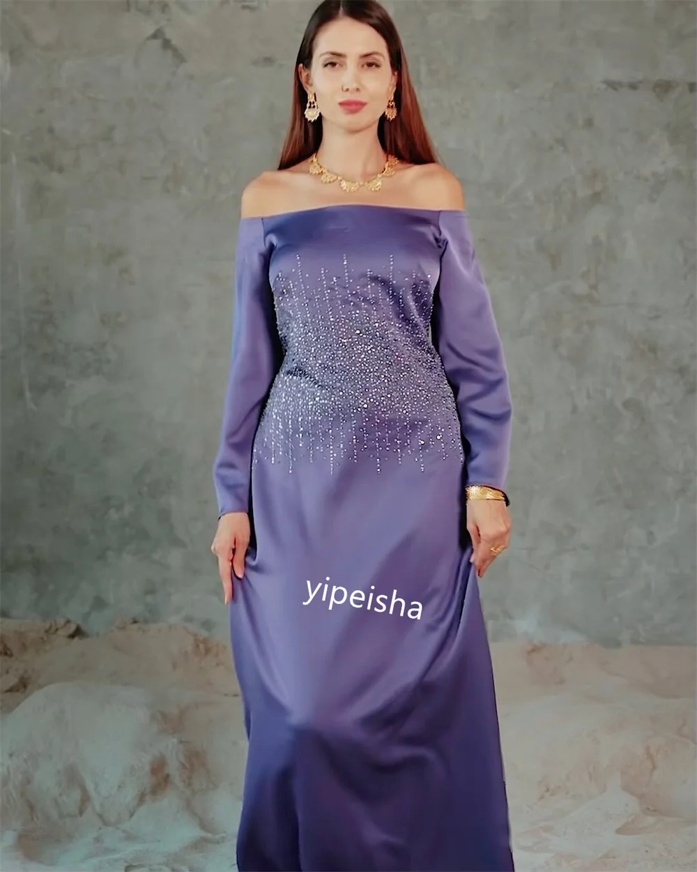    Ball   Satin Beading  A-line Off-the-shoulder Bespoke Occasion Gown Long es   