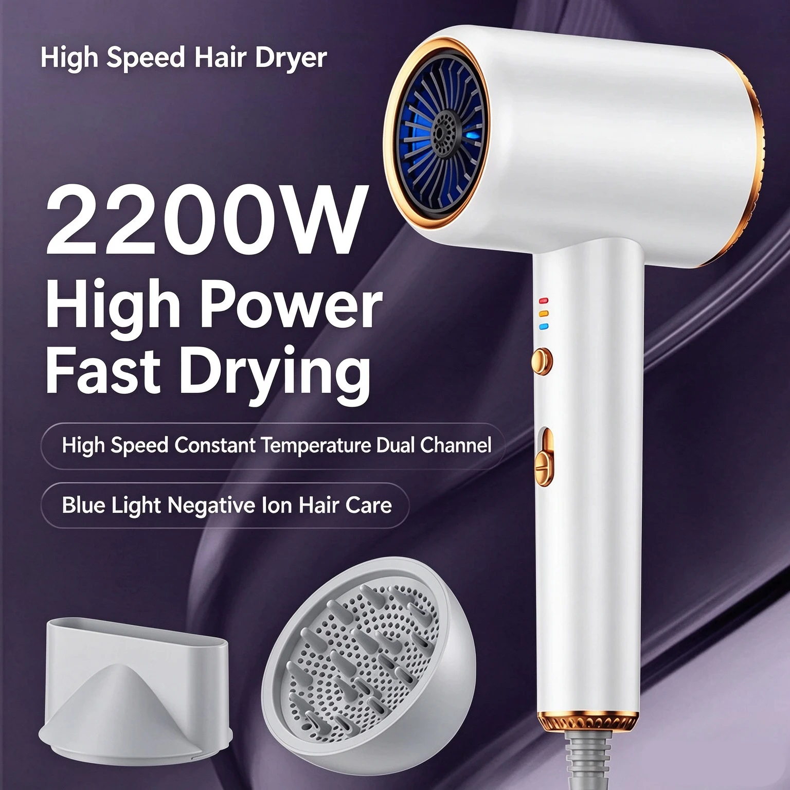 2026 New High-Speed Hair Dryer 2200W High-Power Blue Negative Ion Ultra Quiet Hair Salon Home Hair Dryer US/EU/UK/AU Plug