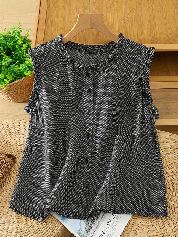 

Authentic 2026 Vintage Lace Trim Sleeveless Shoulder Cut out Women's Versatile Shirt Small Top Breathable Loose Fit Printed F...