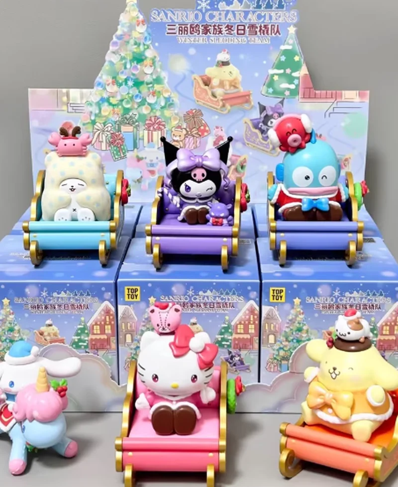 

Sanrio зимние сани пудинг собака Hello Kitty Kuromi Cinnamoroll My Melody Рождественская слепая коробка фигурка Коллекционная