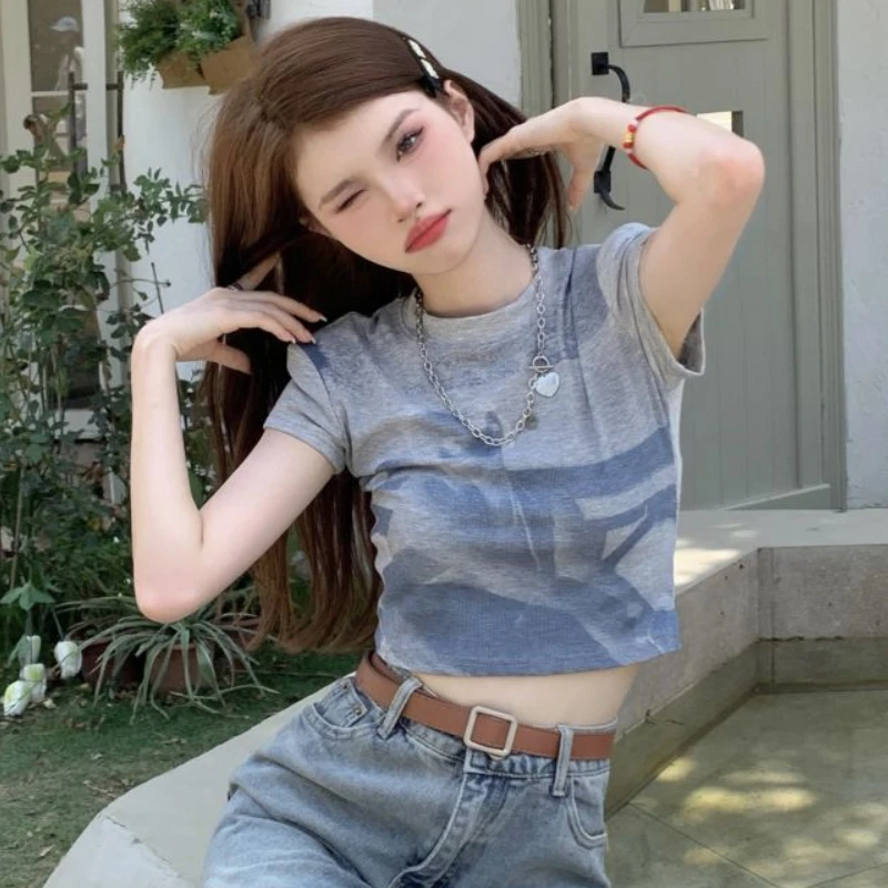 American Retro Gray Crop T-shirts Women Y2k Chic Tie-dye Short-sleeved Tops Sexy Slim Lovely Girlish Streetwear Fashion Summer