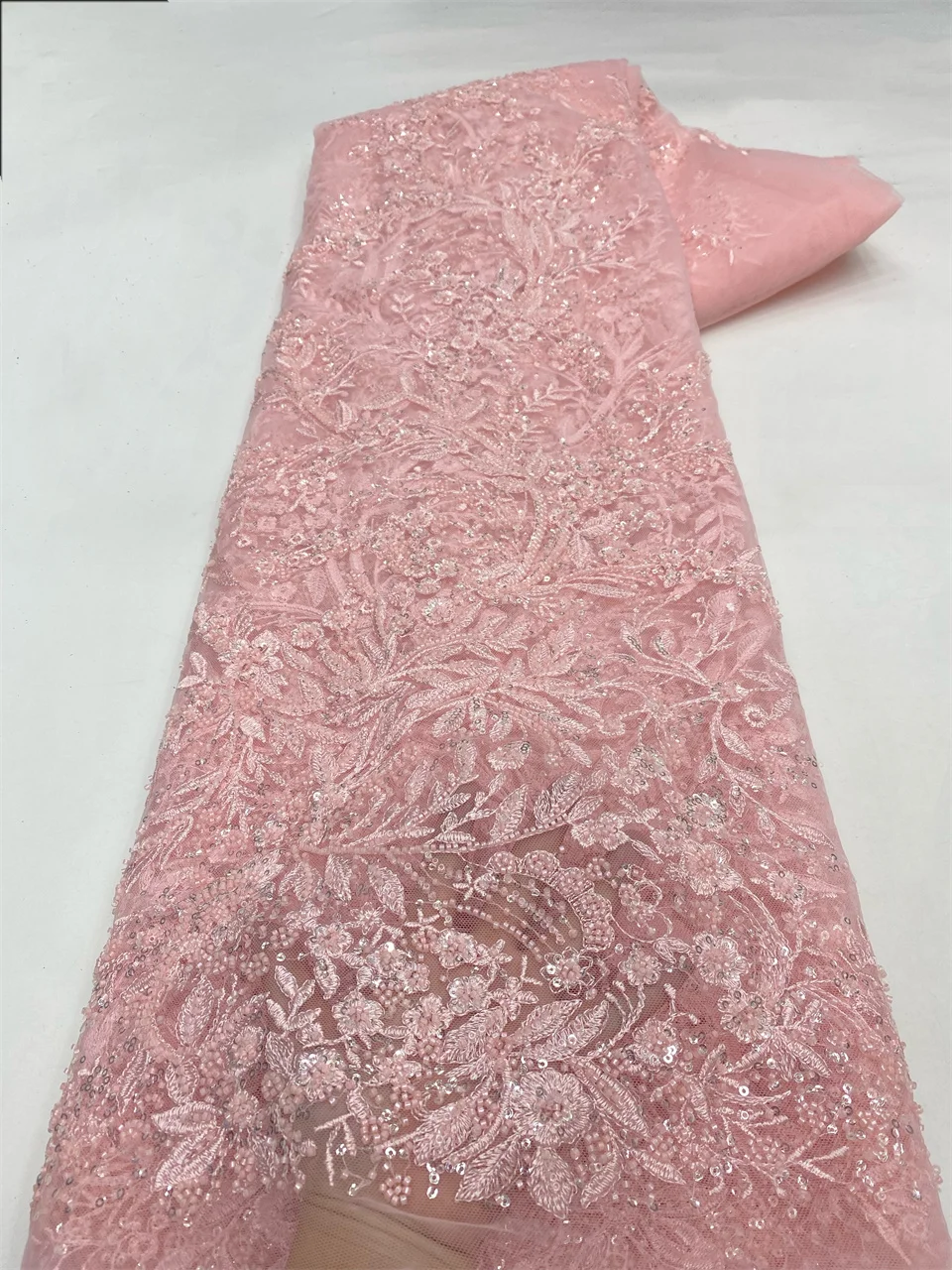 

High Quality French Mesh Embroidery Sequins African Lace Luxury Nigerian Beads Tulle Lace Fabric for Wedding Dress Party HXZ6385