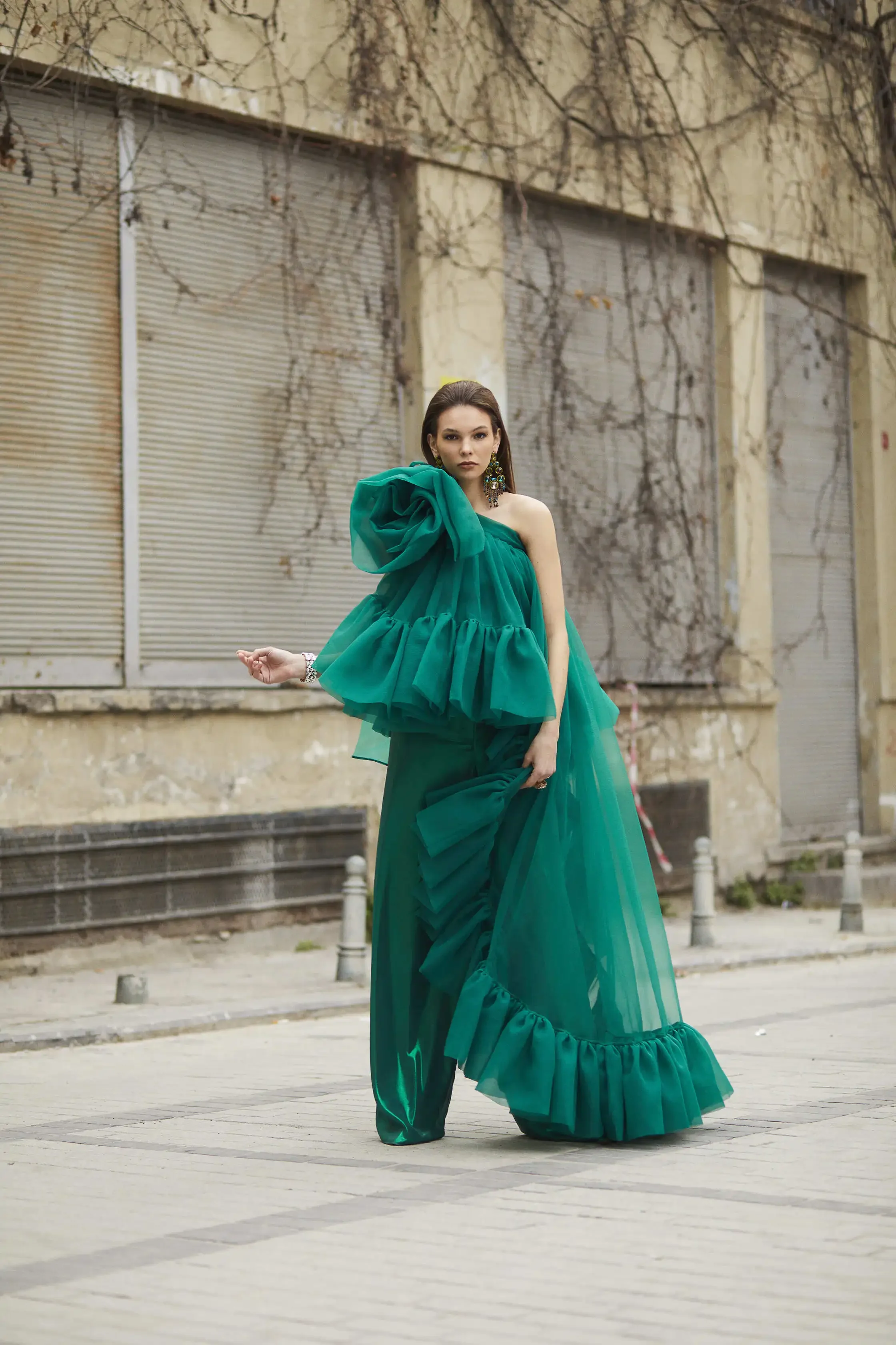 

Fashionable Long Female Blazer Tulle Draped Top Women Top With Handmade Flower Draped Couture Emerald Green One Shoulder Asymmet