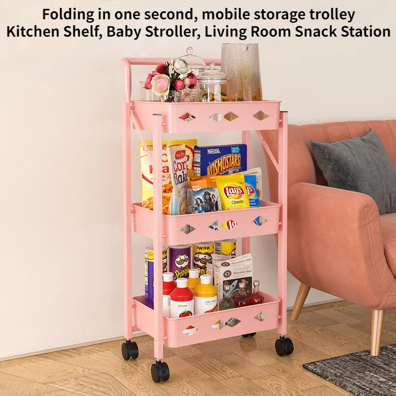 Folding Trolley Suitable for Household Large Vegetable and Fruit Snack Supplies Kitchen Shelf Multi-layer Store Rolling Cart