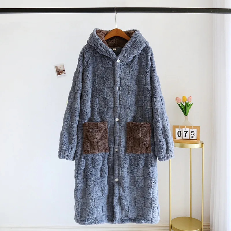 Coral Velvet Couple Robe Pajamas Women Winter Sleepwear Long Nightgown Dresses Loungwear Thickened Flannel Hooded Plush Homewear