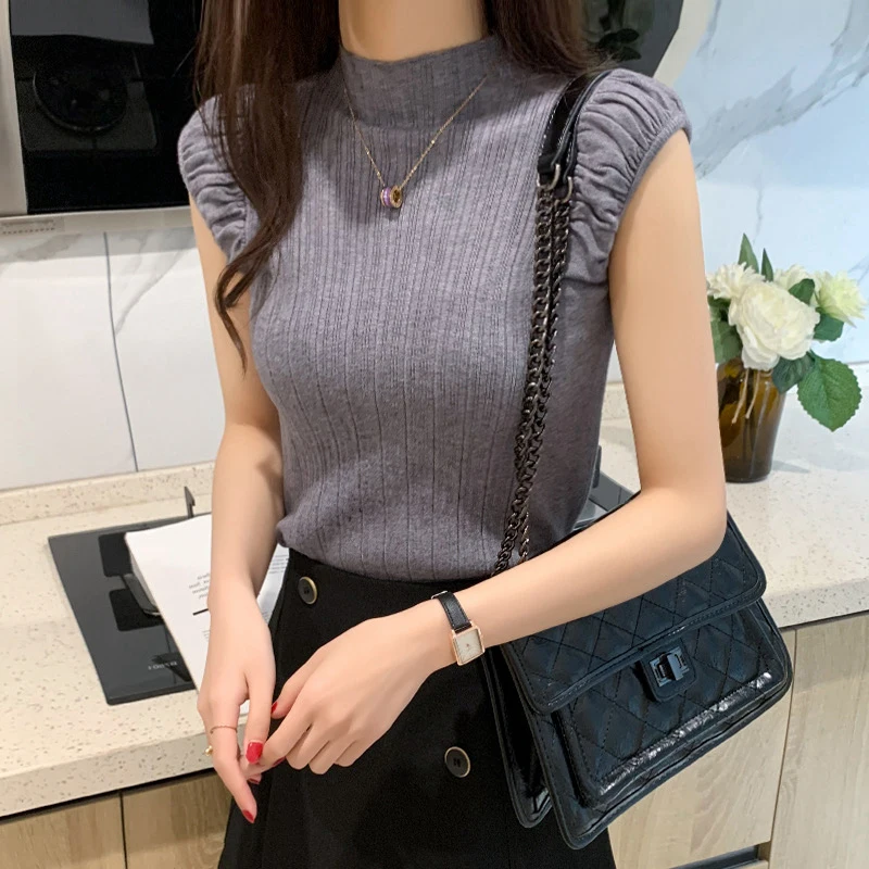 New Knitted Women Tanks Korean Folds Slim Half High Collar Female Pullover Elegant Office Sleeveless Ladies Casual Tops