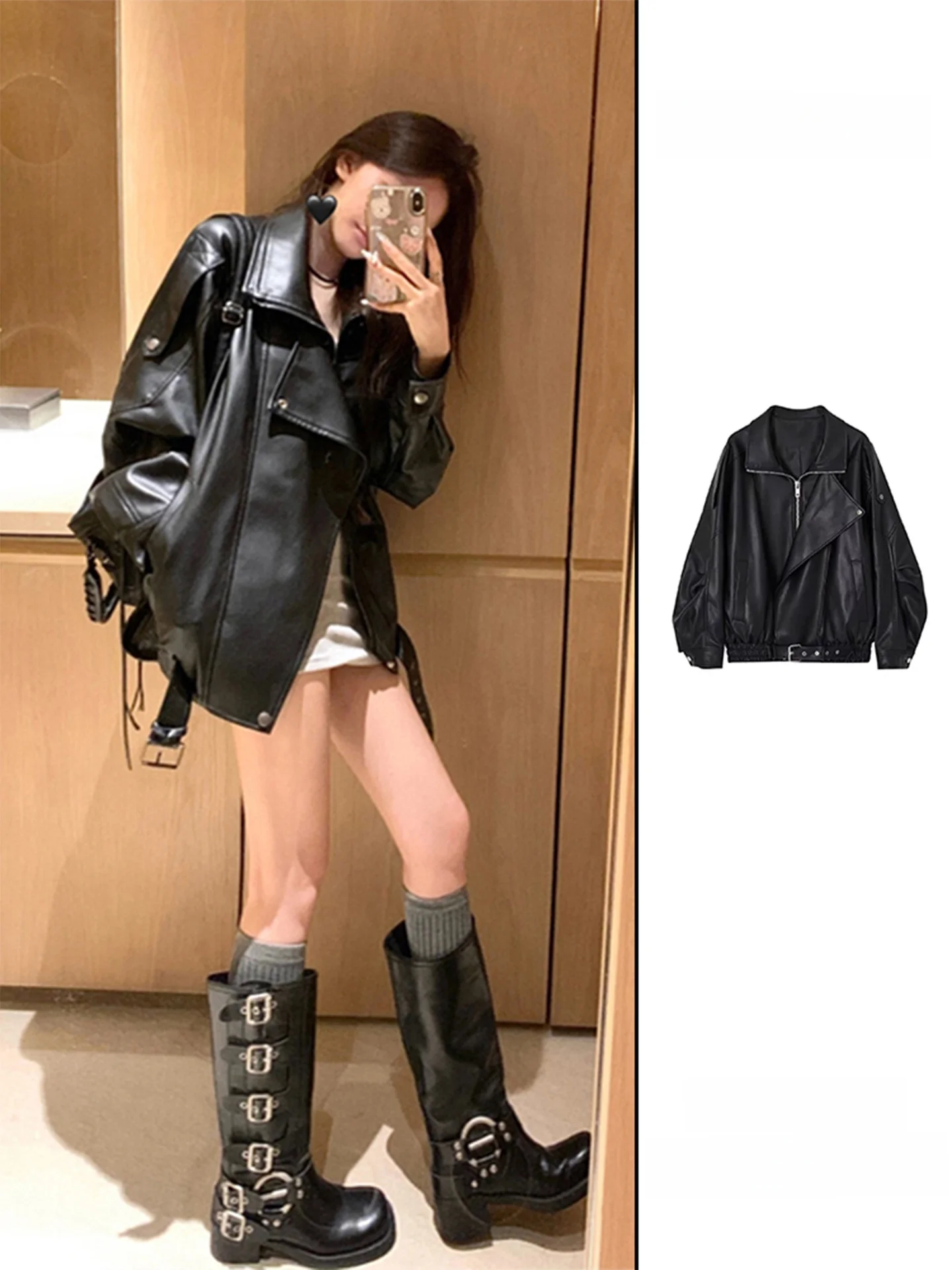 เสื้อแจ็คเก็ตหนังเท่ๆ สไตล์เซ็กซี่สำหรับผู้หญิง ขี่มอเตอร์ไซค์ ฤดูใบไม้ผลิ ฤดูใบไม้ร่วง สไตล์เรโทรใหม่ ให้ความรู้สึกหรูหรา เสื้อคลุมตัวนอก
