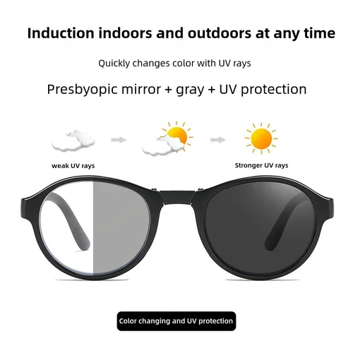 Imagen 2 del producto Gafas de lectura fotocromáticas plegables con caja para hombre y mujer, lentes de sol con montura redonda que cambian de Color, lentes populares de Vista lejana