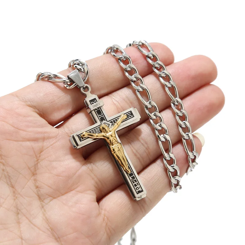 Stainless Steel Religious Crucifix Jesus Cross Necklace Pendant Multilayer Jesus Christ Crucifix Necklaces with 24\'\' Chain