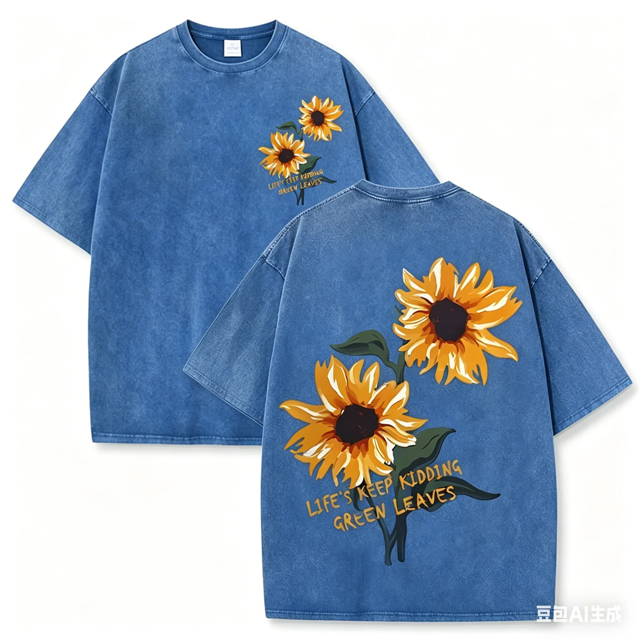 Retro Sonnenblumen-Grafik T-Shirt Grün Acid Wash Lässige Streetwear Unisex Tee – Detail 14