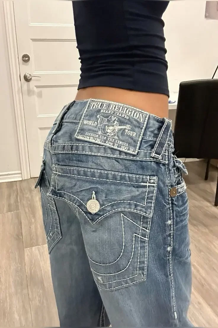 Jean Baggy Bleu Brodé avec Logo Bouddha Rétro Américain pour Femme, Pantalon Streetwear Harajuku, Jambes Larges, Fjk, Y2k, Gothique