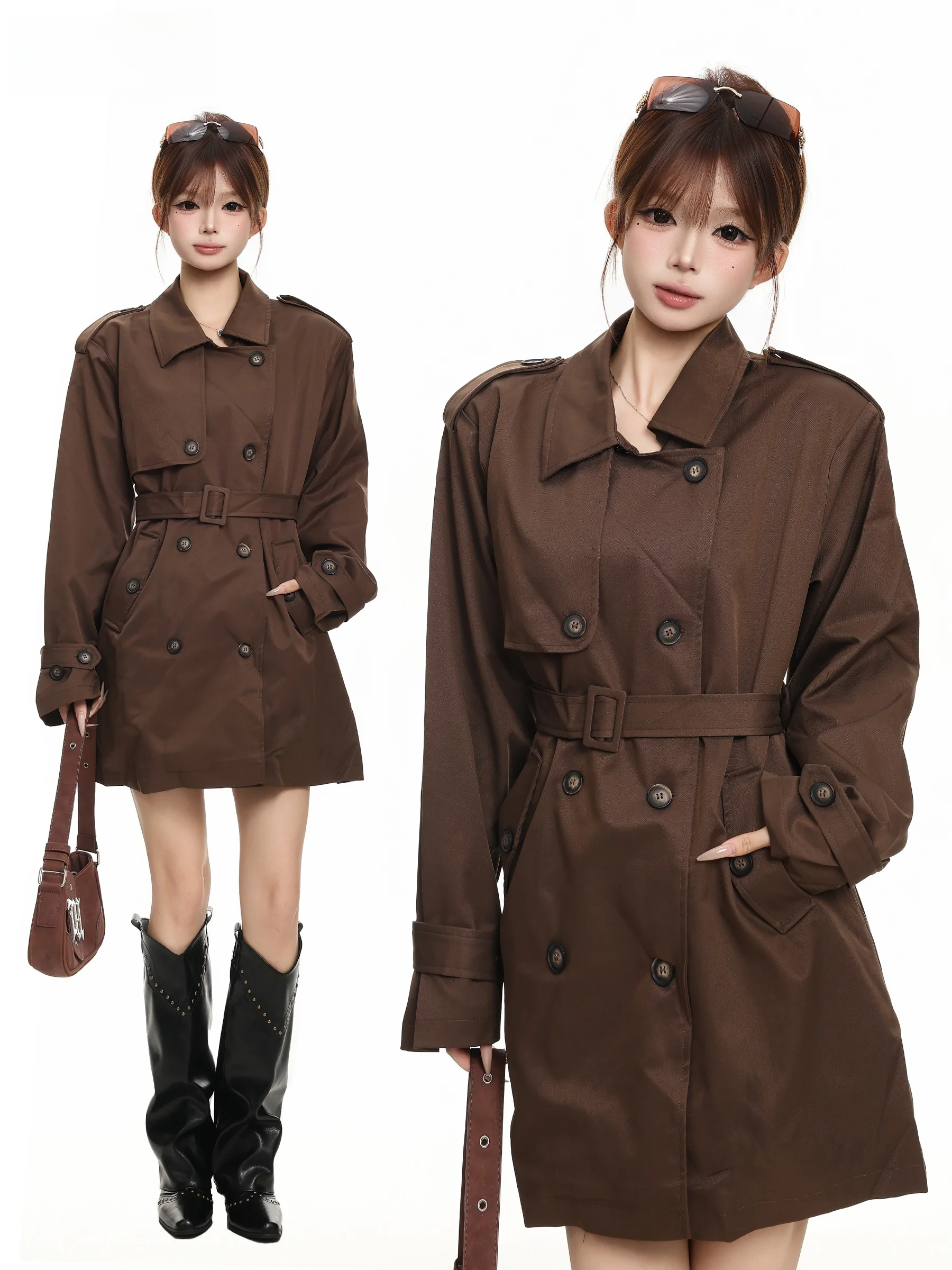 British Style Women's Long Waist-Cinching Double-Breasted Coat Casual Standard Polyester Fiber Windproof Mid-Length A-Line Ou...