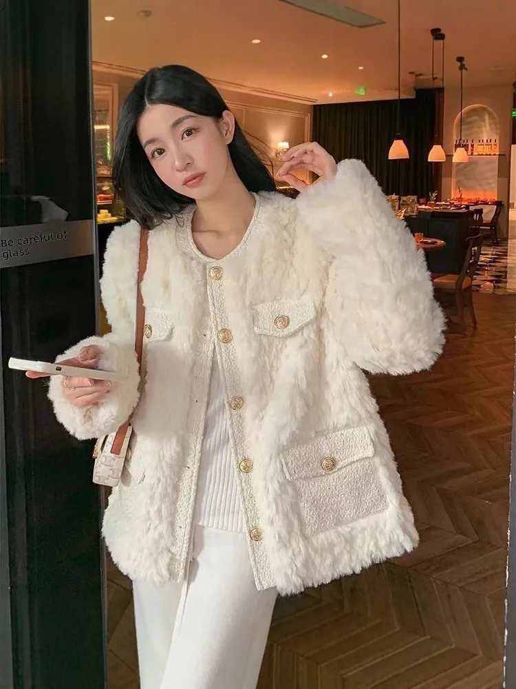 

Ele Lamb Fur Trim Cotton Jaet Women's Loose Thiened Winter Coat ort Sle Sweet Sle Premium Feeling