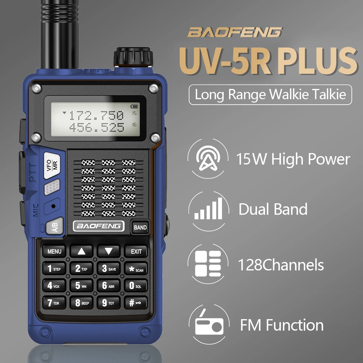 Baofeng UV-5R PLUS Walkie Talkie 15W Dual Band Tri Power Long Range High Power USB Charging 50KM For UV-5R Ham Two Way Radio