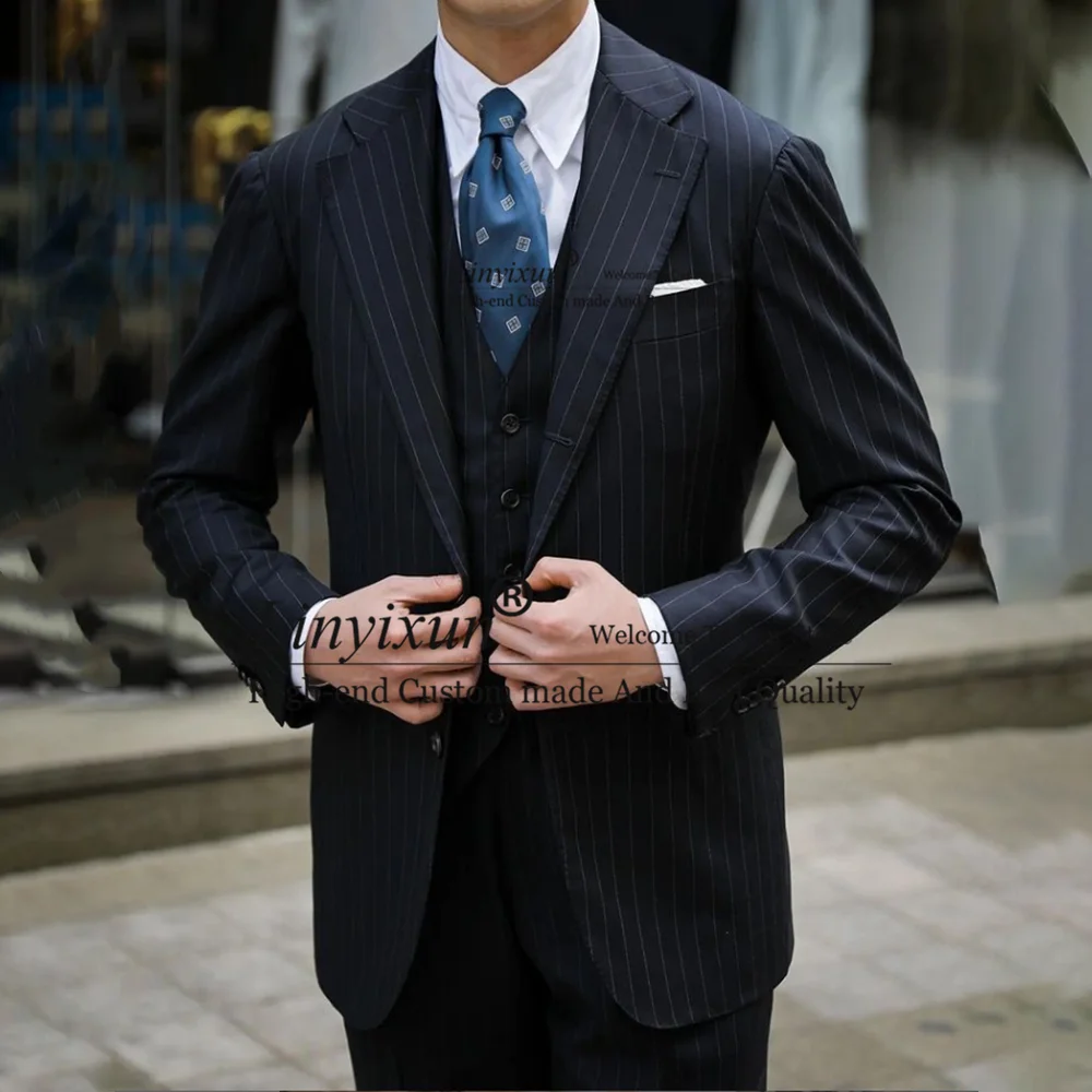 

Black Striped Suits For Men Formal Business Office Blazer Wedding Groom Tuxedo 3 Piece Set Jacket Vest Pants Terno Masculino