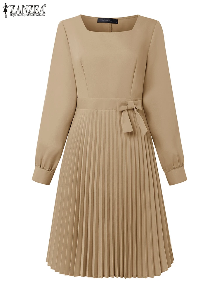 ZANZEA Herbst Square Neck Büroarbeit Kleider Stilvolle Party Kleid Frauen 2025, Elegantes Langarm Kleid Solide Plissee Sommerkleid
