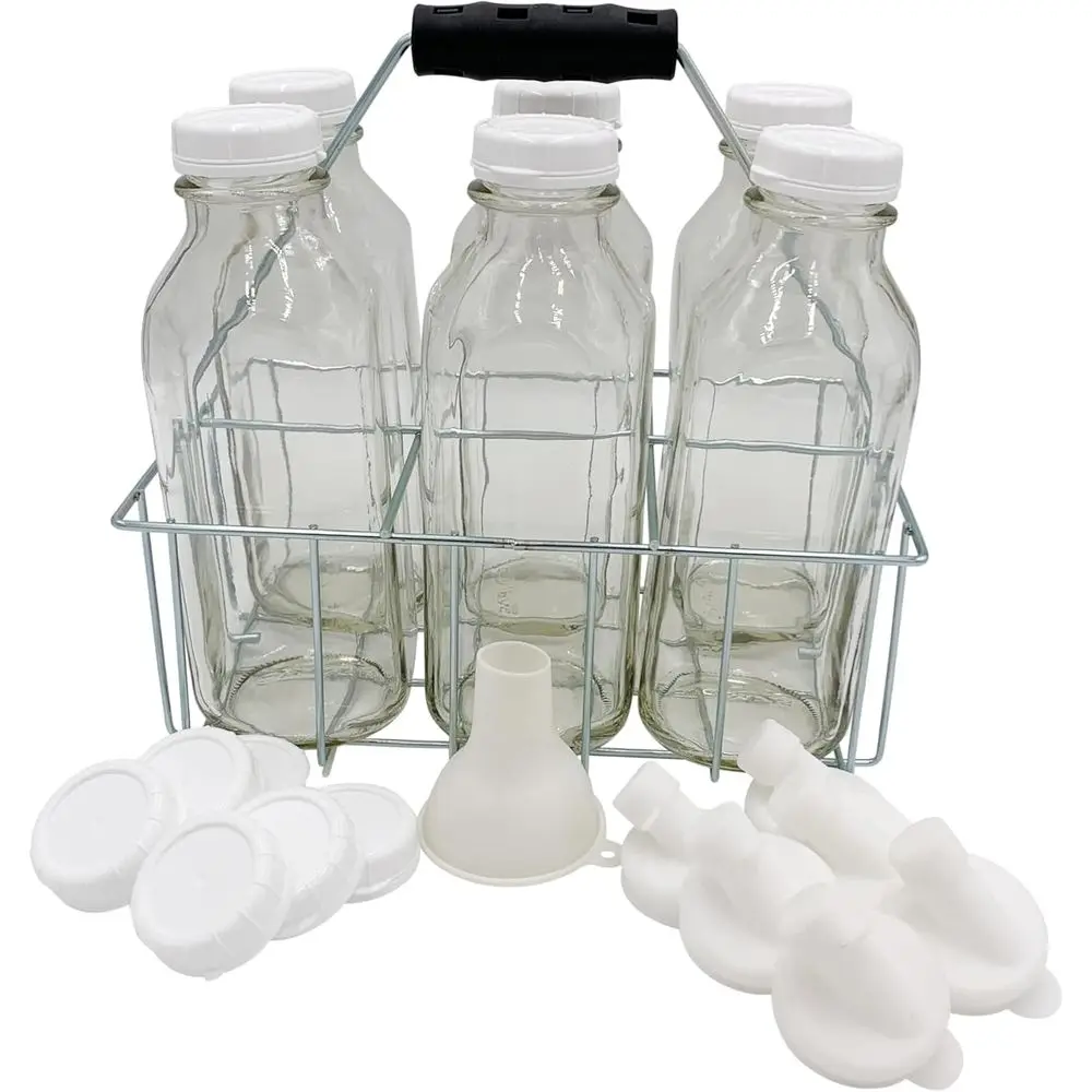 

Reusable Glass Milk Bottles with Extra Lids, Silicone Pour Spouts, and Wire Carrier - 6 Cell Carrier Combo