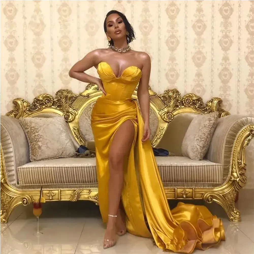 

Sexy Yellow Gold Mermaid Prom Dress 2024 Sweetheart Satin Split Long Evening Dress Formal Party Gowns Black Girls Robe De Soiree