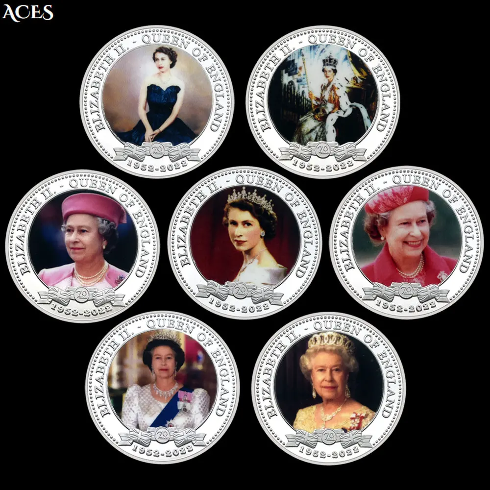 

7pcs Queen of England Coin Set Back Crown Coin Elizabeth 70th Platinum Jubilee Medal Silver Coin In Capsule