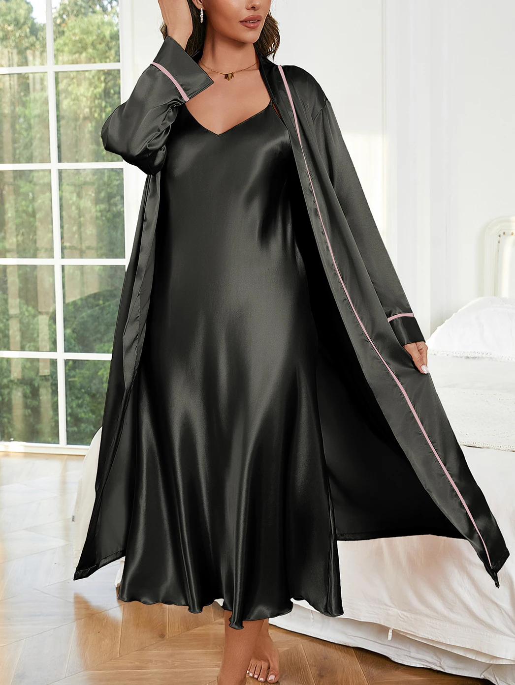 Damen Einfarbiger Badeanzug mit Bindung V-Ausschnitt Slip-Kleid Modische Eleganz Vier-Jahreszeiten-Pyjama-Set – Detail 12