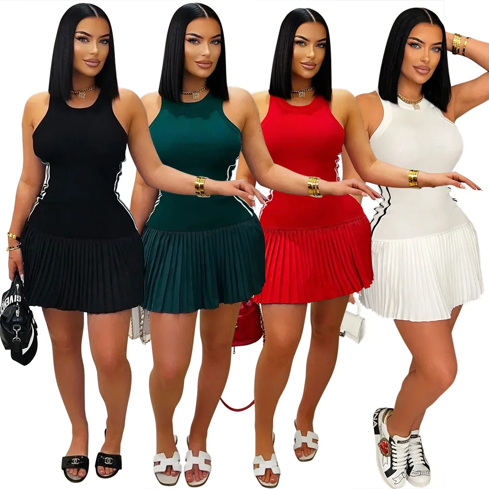

2025 Sexy Sleeveless Round Neck Pleated Skirt Short Skirt Fashion Casual Skirt European and American New Models