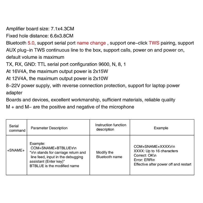 Bluetooth-compatible 5.0 Amplifier Board 20W/30W TWS AUX Support Call Serial Port To Change Name Mono Stereo Module