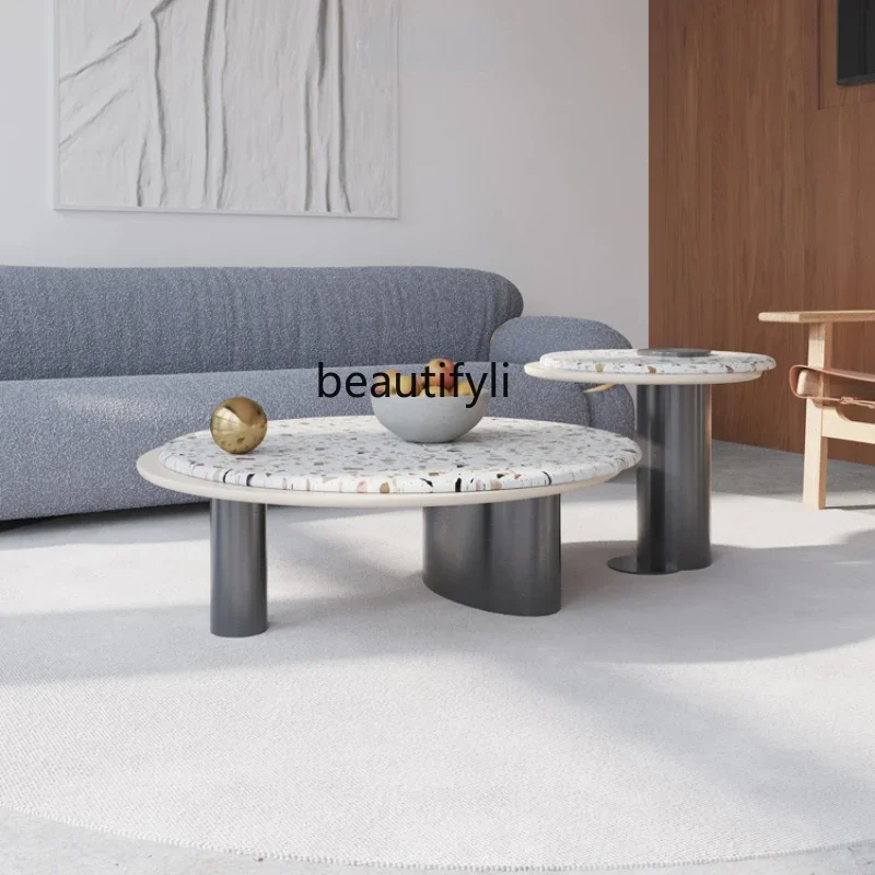 

yj Современный светлый роскошный журнальный столик из терраццо, комбинированный простой размер, круглый креативный чайный столик, скамейка