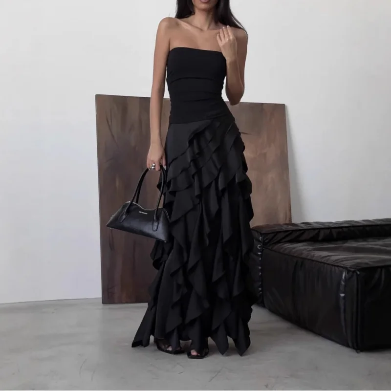 

Романтичная многослойная юбка-миди с открытыми плечами, расклешенная, А-силуэт, из полиэстера, для весны и лета, модная, стройнящая