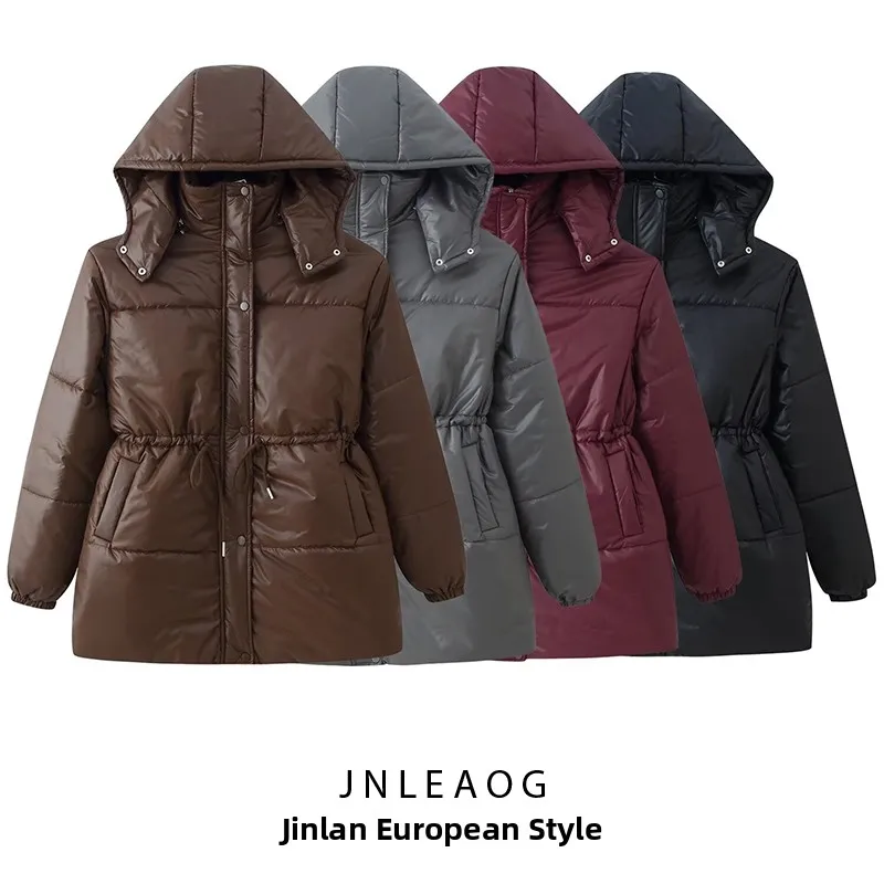 

JNLEAOG Women's Faionable Loose Cotton Jaet with Hood Waist-Cinching Zipper Detail Street Sle Long Sve round Ne
