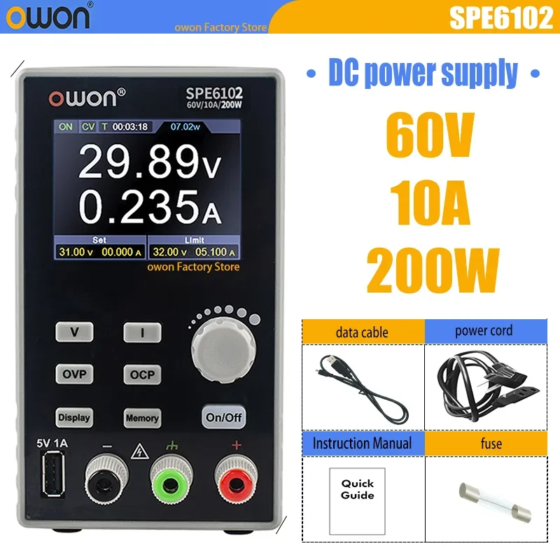 OWON SPE3103 SPE3051 SPE6103 DC-voeding 200W/300W 60V/5A 2,8" LCD 10mV/1mA resolutie digitale spanningsregelaar met schakelaar