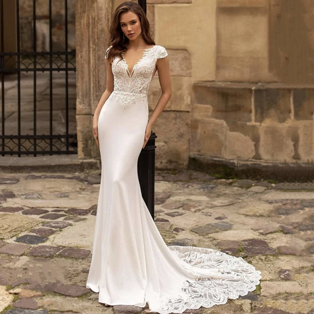 Exquisite Appliques Wedding Dresses Mermaid Woman's Sexy V Neck Backless Bridal Gowns Sleeveless Sweep Train Elegant Vestidos