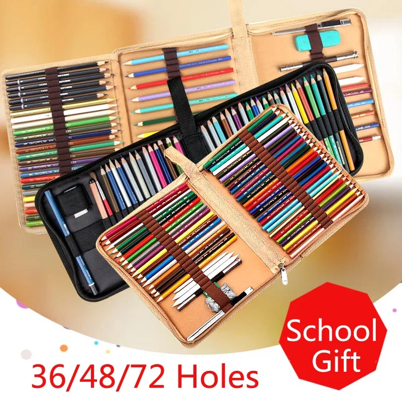 36 48 72 Holes Black Fold Pencil Case Canvas Pencil Box Zipper Haed Colored Pencil Bag Cute Sketch Pen Case for School Gifts