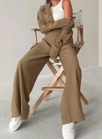 Jumpsuit Women 2025 Spring New Work Style Turn-Down Collar Long Sleeved High Waist Casual Pocket Straight-Leg Jumpsuit