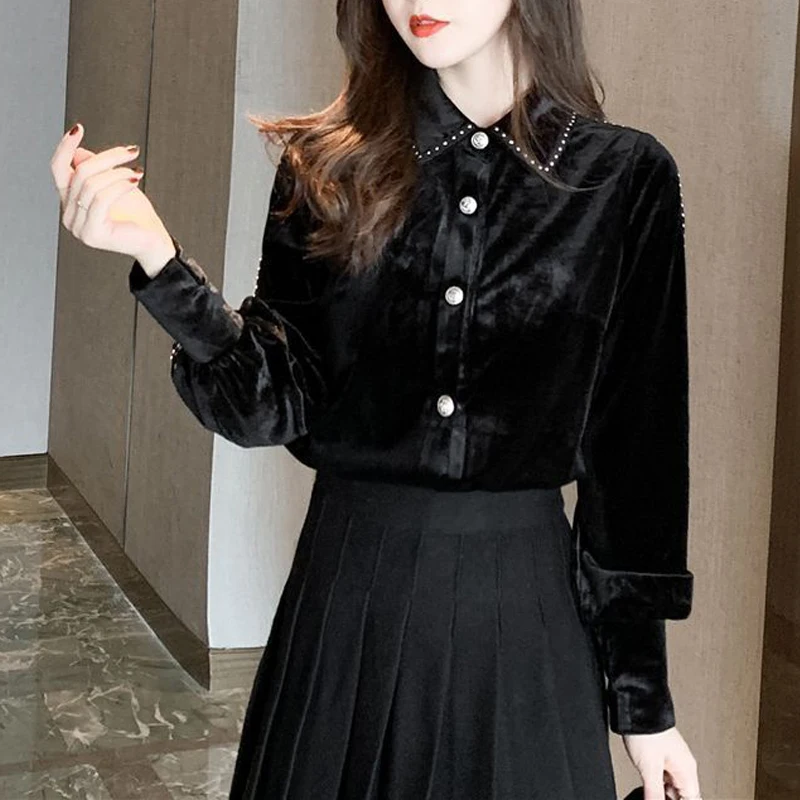 Women Clothing Stylish Vintage Rivet Gold Velvet Button Up Shirts Elegant Chic Lapel Black Blouses Long Sleeve Slim Fleece Tops