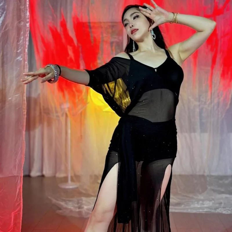 customized swegal belly dance dress training costume Oriental dance costume sexy silver mesh veil robe top and skirt 2pcs