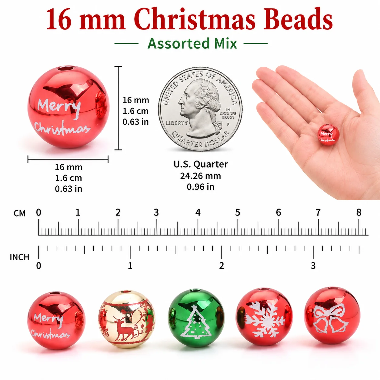 10/20 Stück 16mm Acrylperlen mit Weihnachtsmotiven, runde Spiegelperlen mit Elch- und Schneeflocken-Motiven für die Herstellung von Feiertagsschmuck. – Detail 4