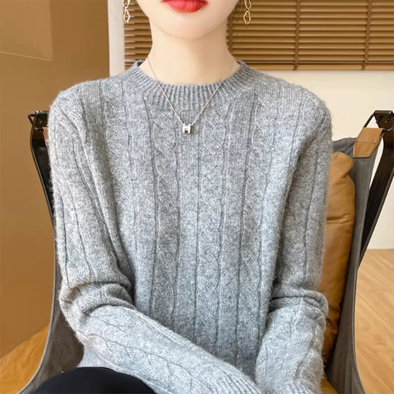 Women's 100% Pure Wool Knitted Sweater round Neck Warm Casual Top Autumn Winter Fashion First-line Ready to Wear