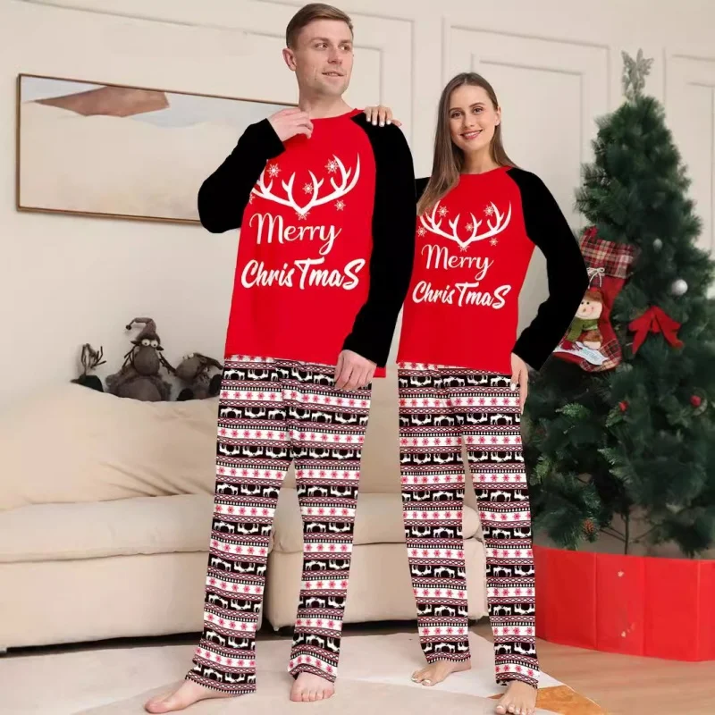 Merry Christmas Antler Letter Print Parent-child Matching Pajamas Baby Casual Loose 2 Pieces Suit Sleepwear Xmas Family Look