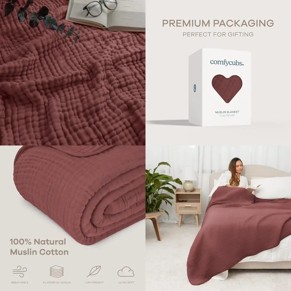 

King Size 6-Layer Muslin Blanket 108x90 - Soft, Breathable, Lightweight Adult Bedding - US Designed, Machine Washable, All-Seaso