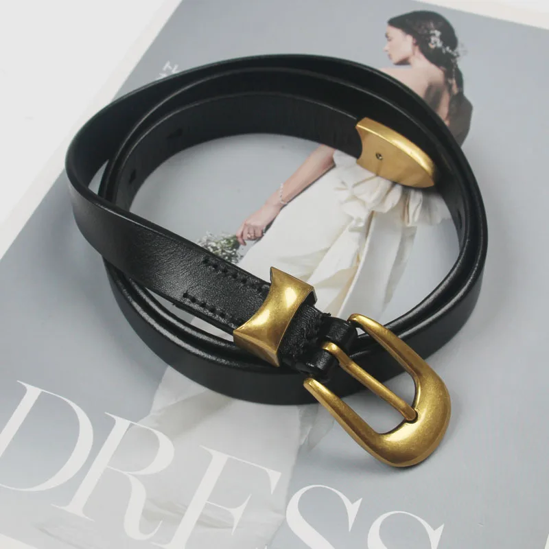 

1.9CM Woman New Retro Copper Silver Color Buckle Cowhide Black Belt Women Retro Fashion Genuine Leather Slim Waist Belts