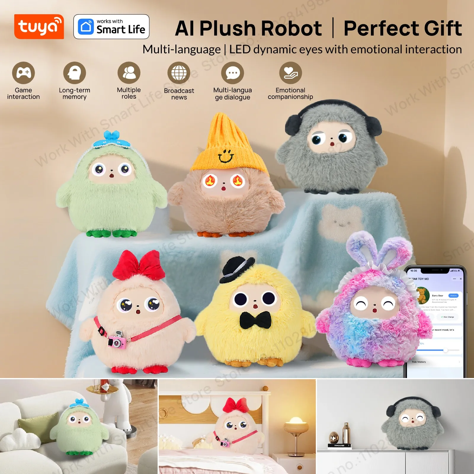 لعبة AI القطيفة مع صوت ذكي وعيون LED، رفيق تفاعلي للأطفال/الكبار ‌ Gift-Ready Rechargeable E-Pet فتح الحياة الممتعة مع تطبيق Tuya