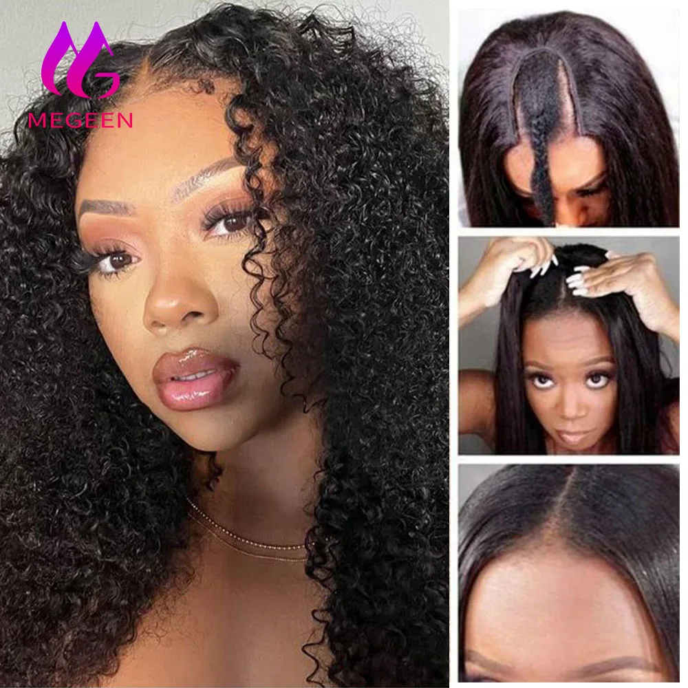 

Megeen Kinky Curly 28 Inch 1B Black Upgrade U Part Wigs Human Hair Brazilian Virgin Hair Machine Wigs For Women Small Leave Out