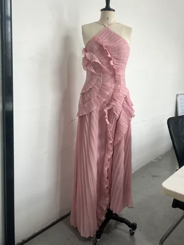 Vestido largo elegante de gasa Irregular con cuello Halter y borde de loto, vestido de vacaciones de alta calidad, vestidos de moda de fiesta para señora nueva 2025