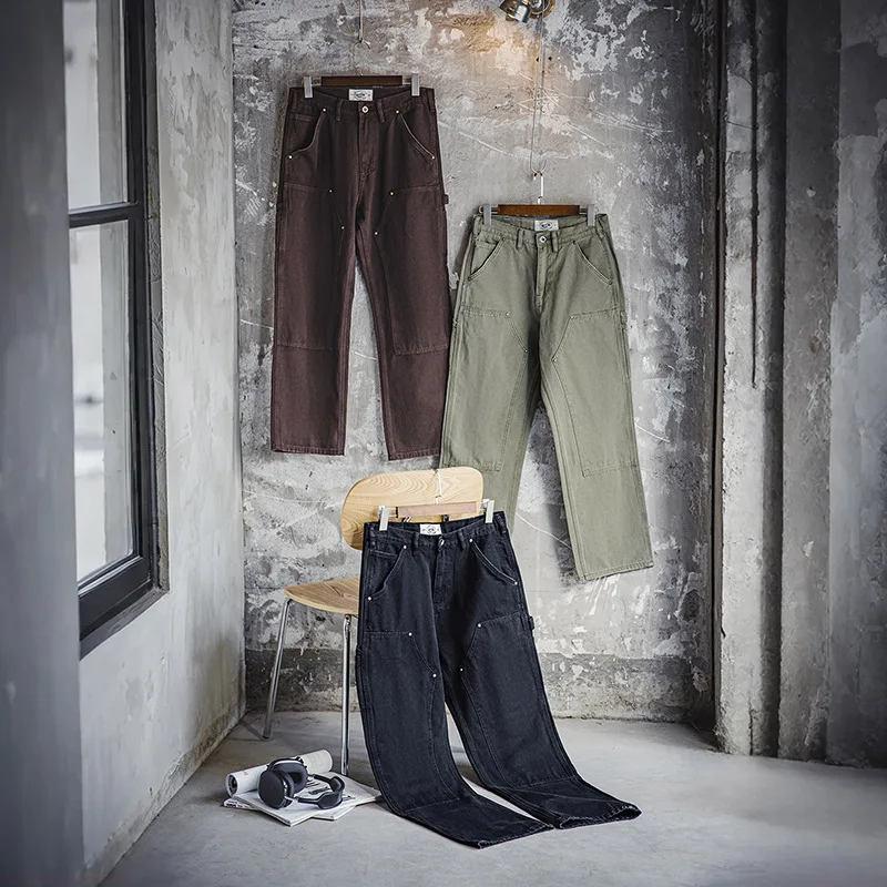 MRA Men's Casual American Style Canvas Work Pants B01 Knee Logging Straight Leg Military Green Long Trousers Early Autumn Trend