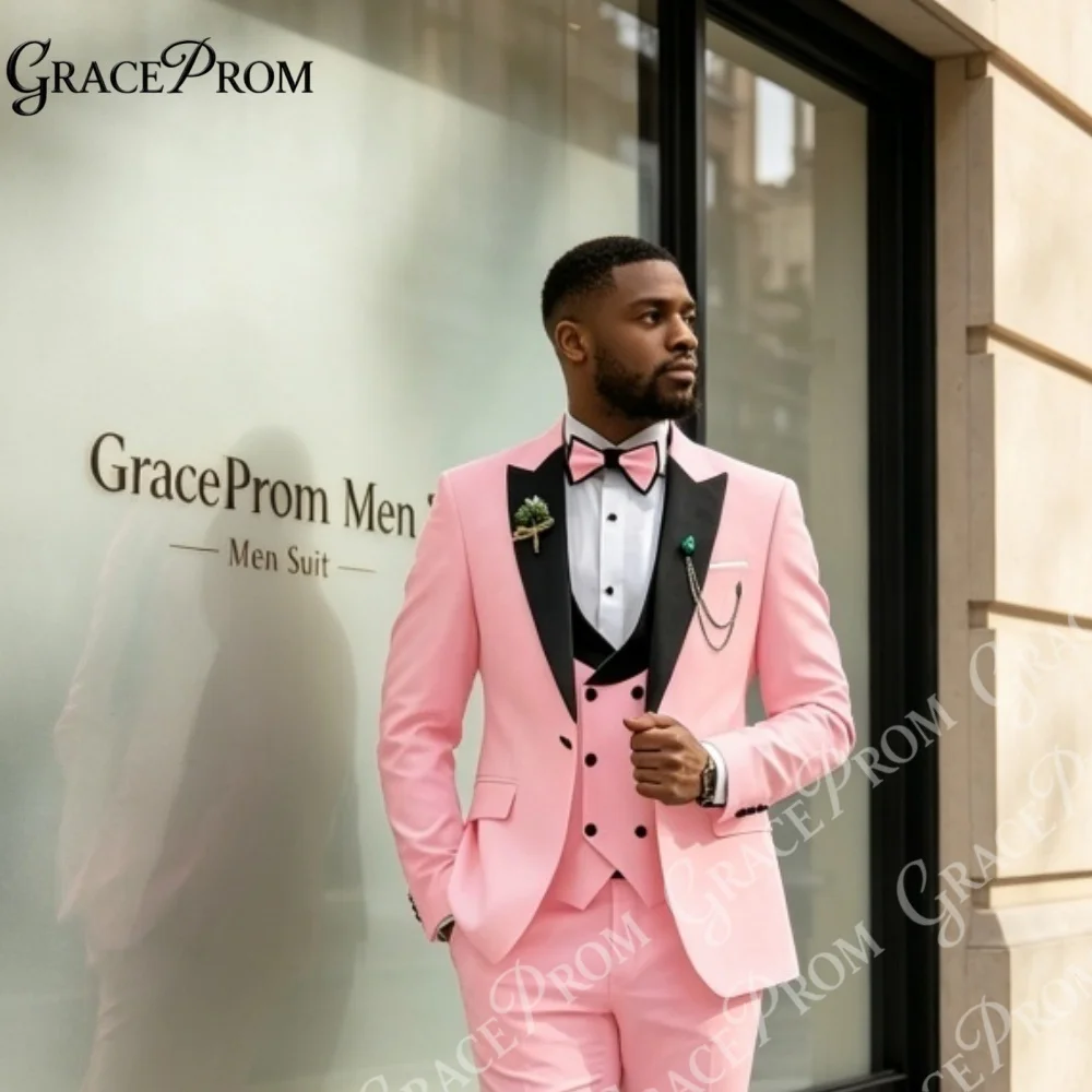

Bright Pink Peak Lapel 3PCS Men Tuxedo Tailored Fit Trim Suit Wedding Groom Prom Formal Banquet Party Dinner Jacket Vest Pants