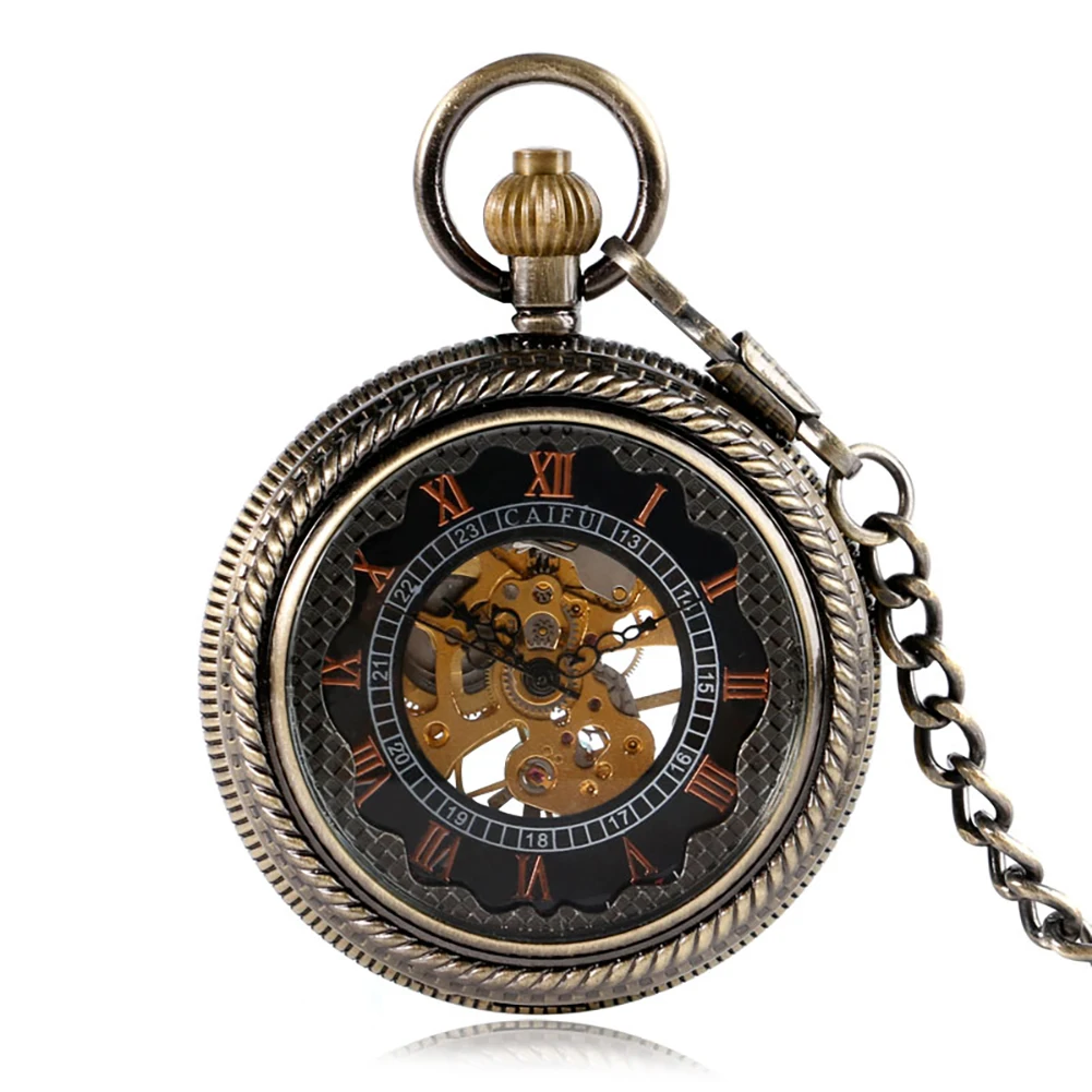 

Transparent Glass Bronze Manual Mechanical Pocket Watch with Chain Roman Numerals Dial Pendant Clock Thanksgiving Gift Men