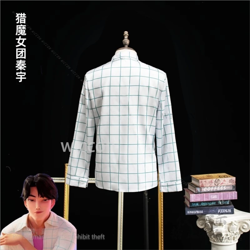 Anime K-POP Movie Demon Hunters Superstar Jinu Plaid Shirt Pink Linner T-Shirt Cosplay Costume Jinu Halloween Party Handmade