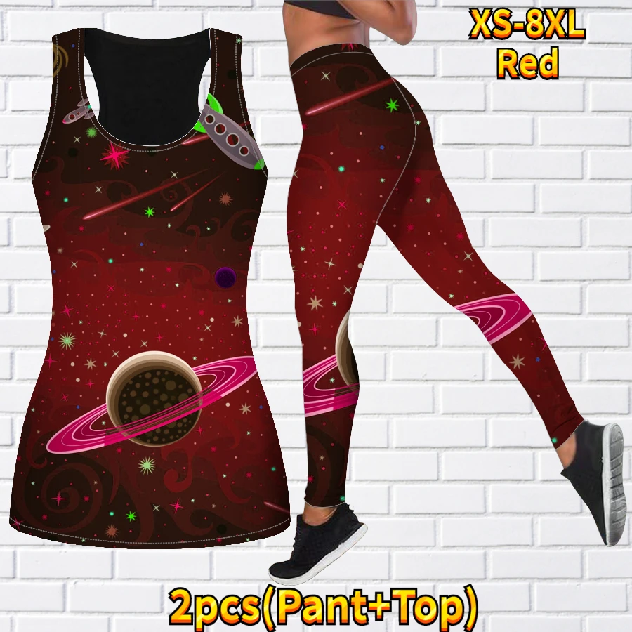 Women\'s Yoga Pants Set Cosmic Printed Sweatpants Yoga Two Piece Casual Sports Tank Top Leggings XS-8XL