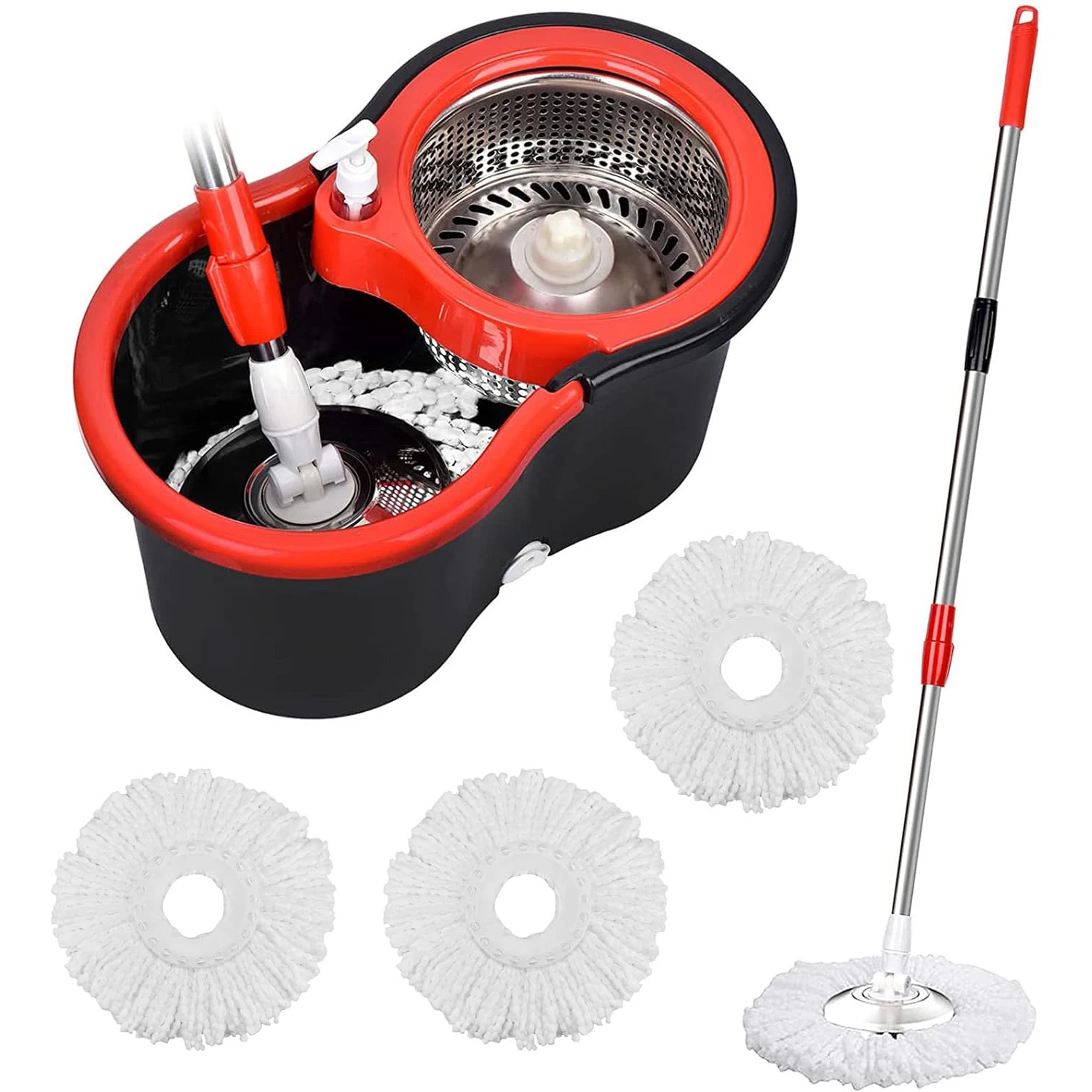 

360° Spin Mop Bucket Sets with Wring System in 3 Microfiber Heads, Stainless Steel Basket 61" Extended Handle Floor Cleaning